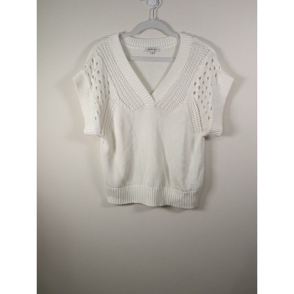 Another Love Womens White Solid Open-Knit V-Neck Short Sleeve Sweater L